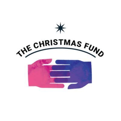 Logo for The Christmas Fund: pink and blue hands clasping under a star. 