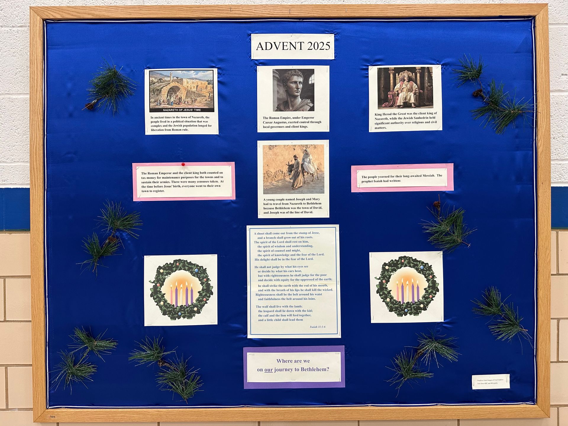 Blue bulletin board with various printed images and text, decorated with greenery.