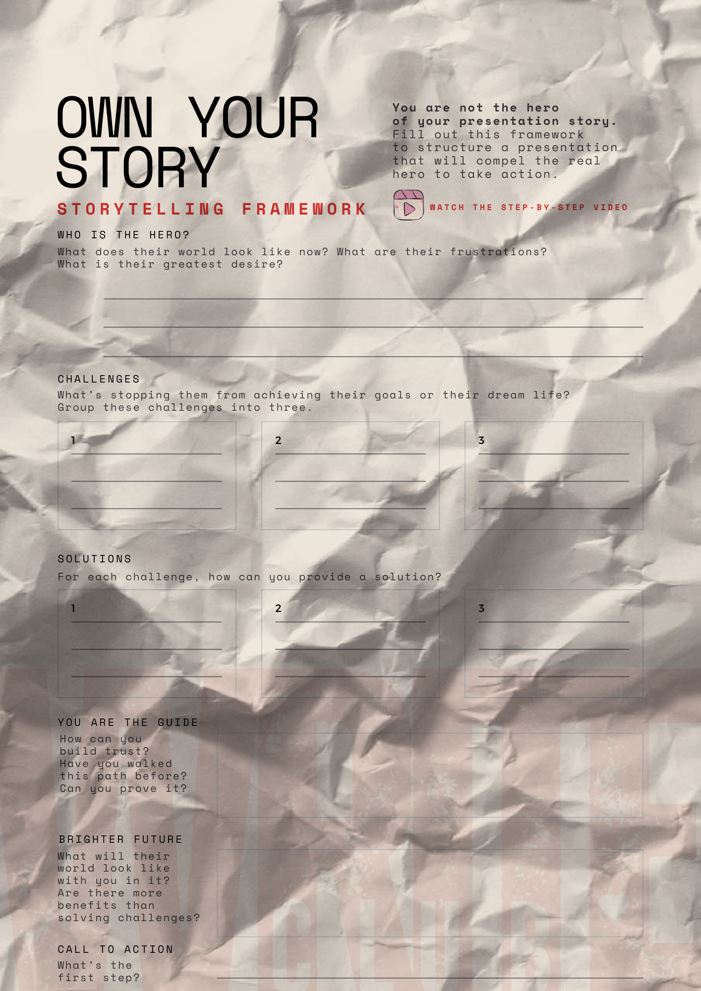 A crumpled piece of paper with the words own your story on it