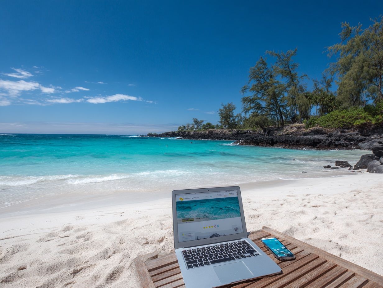 Laptop and phone on a wooden surface, beach with turquoise water, blue sky, and trees.