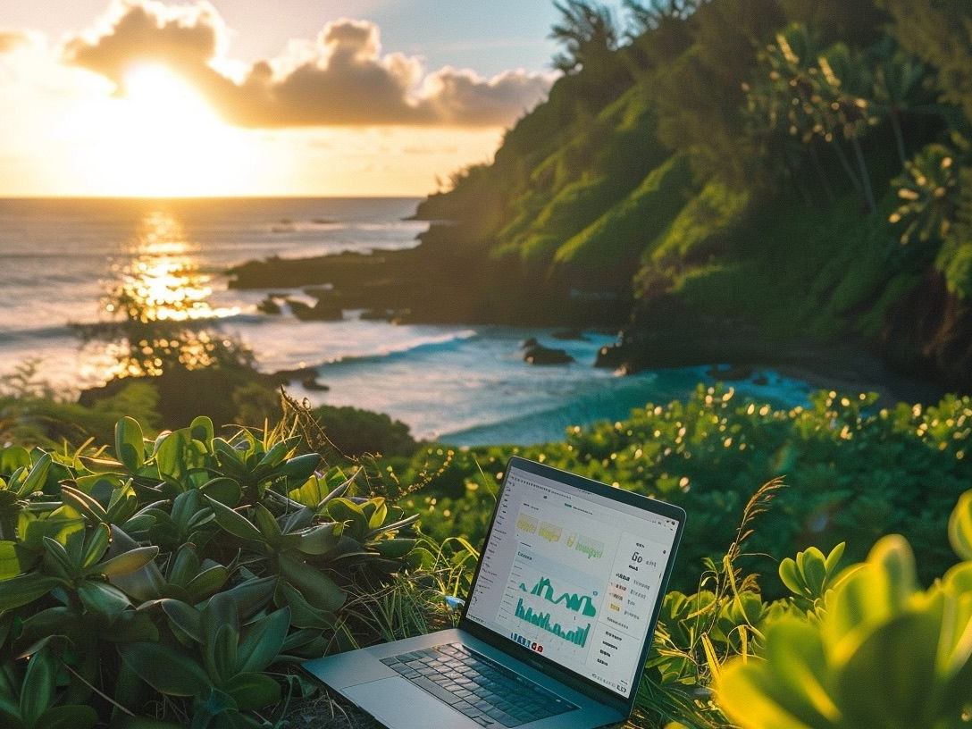 Laptop on a lush cliffside overlooking a secluded beach at sunset.