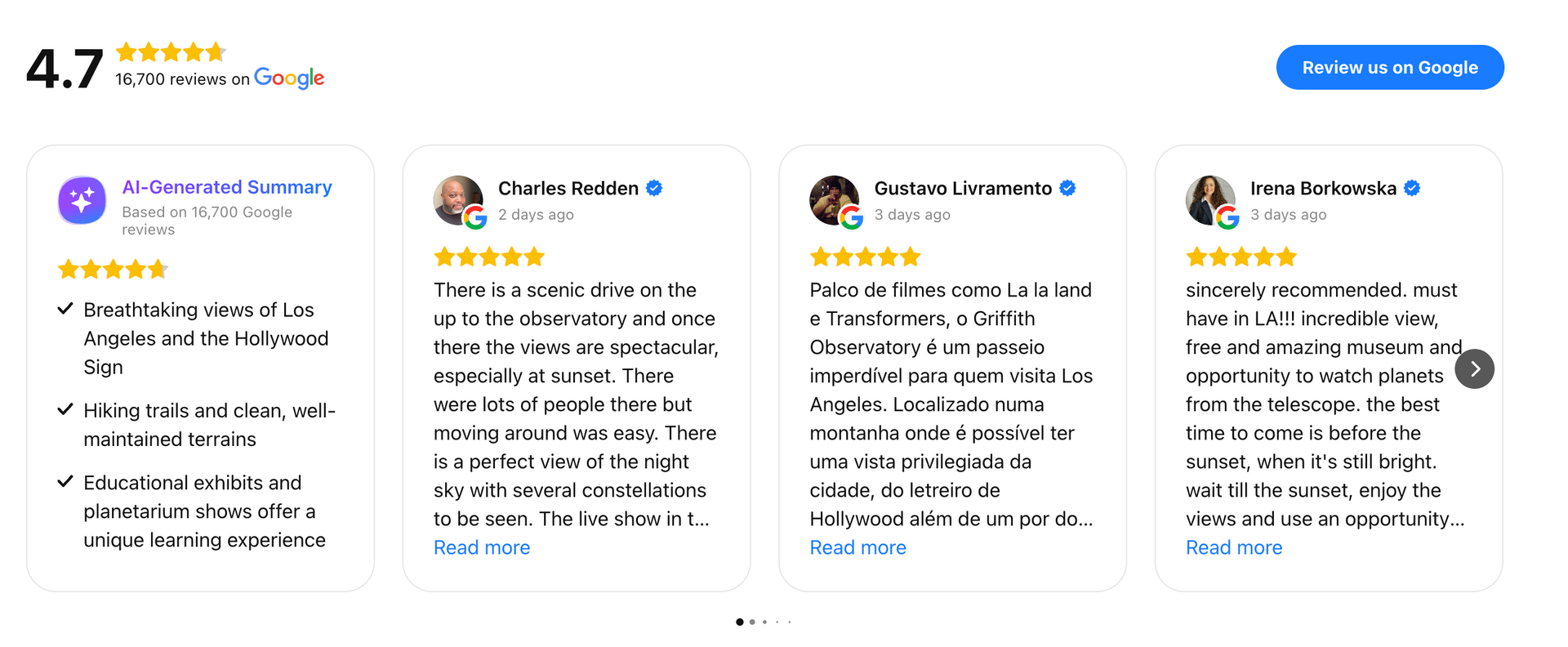 Four reviews are displayed with star ratings and text.