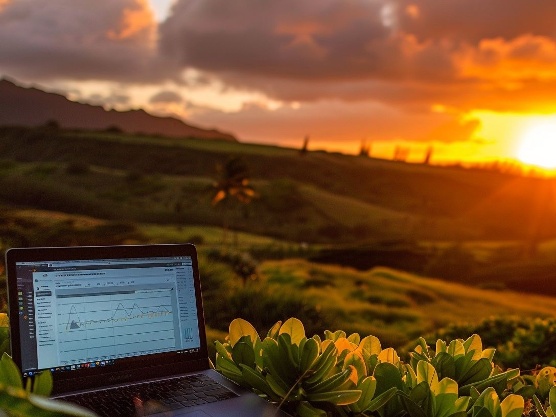 Laptop open amidst green foliage, overlooking a hillside and a vibrant sunset.