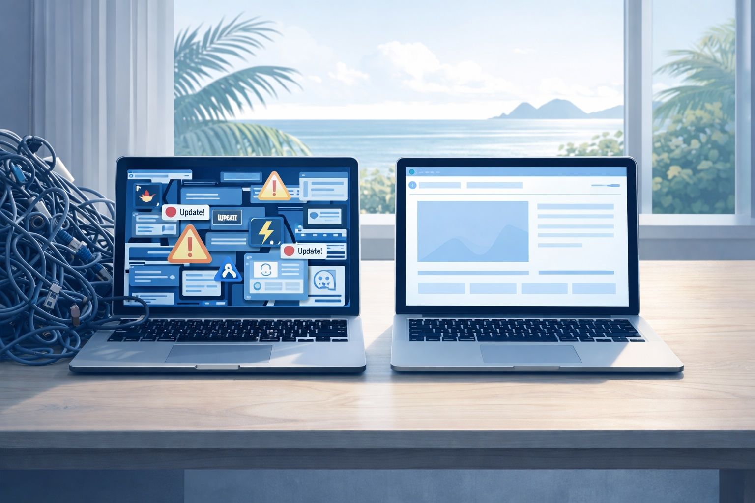 Two laptops on a table before a beach view; one displays cluttered error pop-ups and cables, the other a clean webpage.