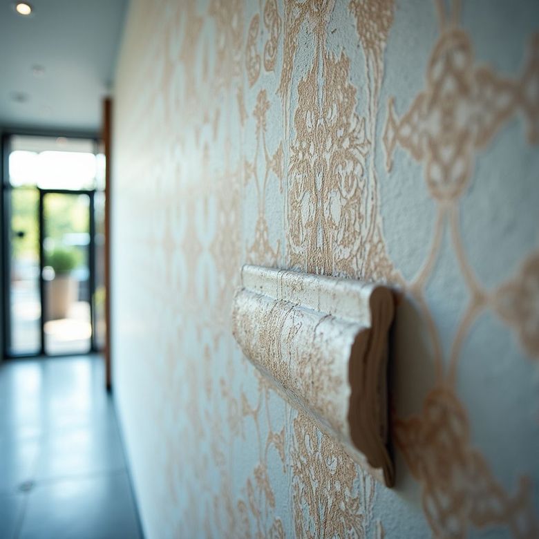 Ornate patterned wall with a decorative trim piece, in a hallway with an open door at the end.