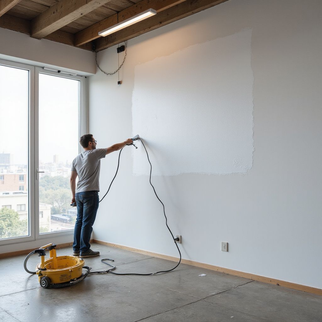 Man spray-painting a white square on a wall in a room. Yellow equipment on the floor. City visible outside window.
