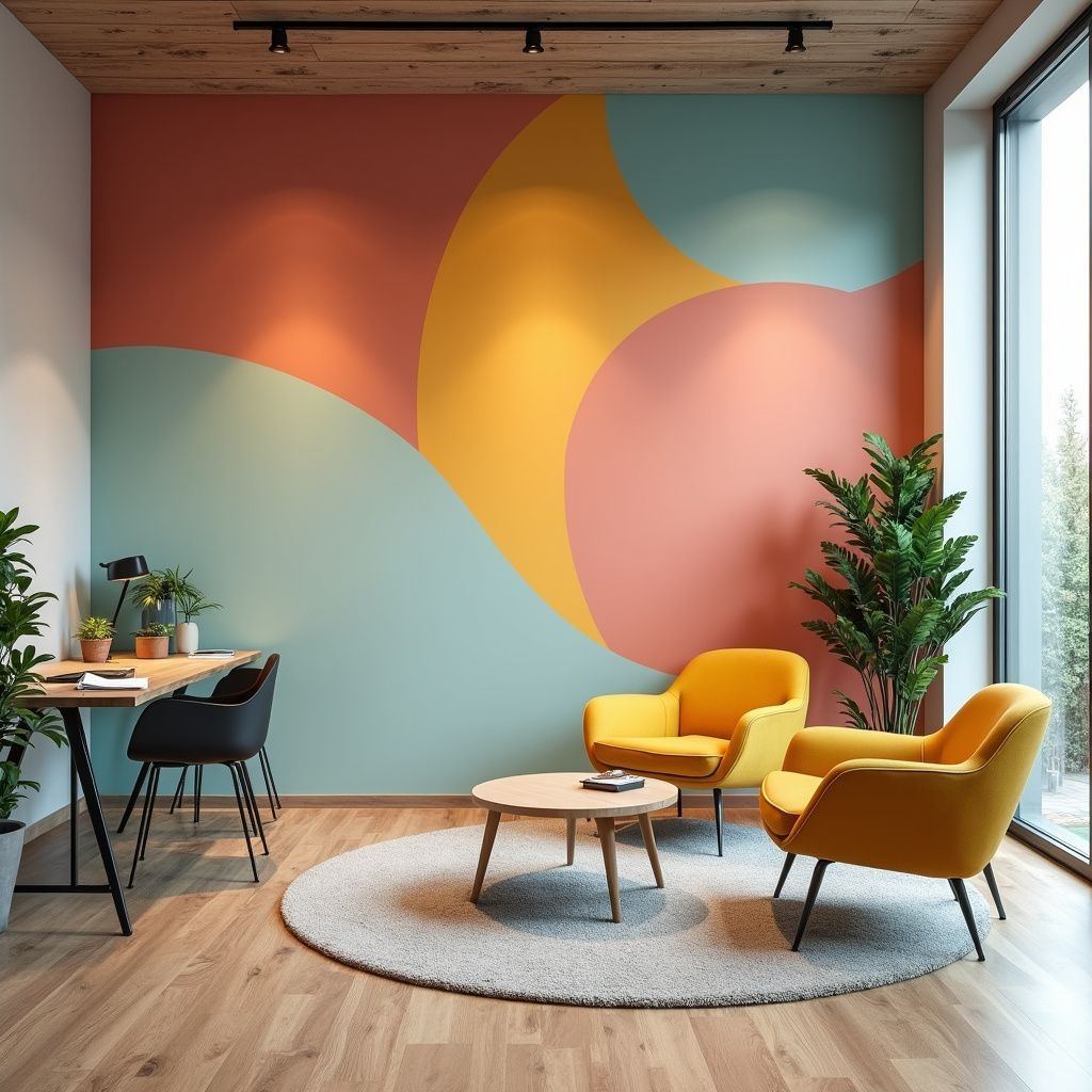 Modern office with colorful abstract mural, yellow chairs, desk, and plants by a large window.
