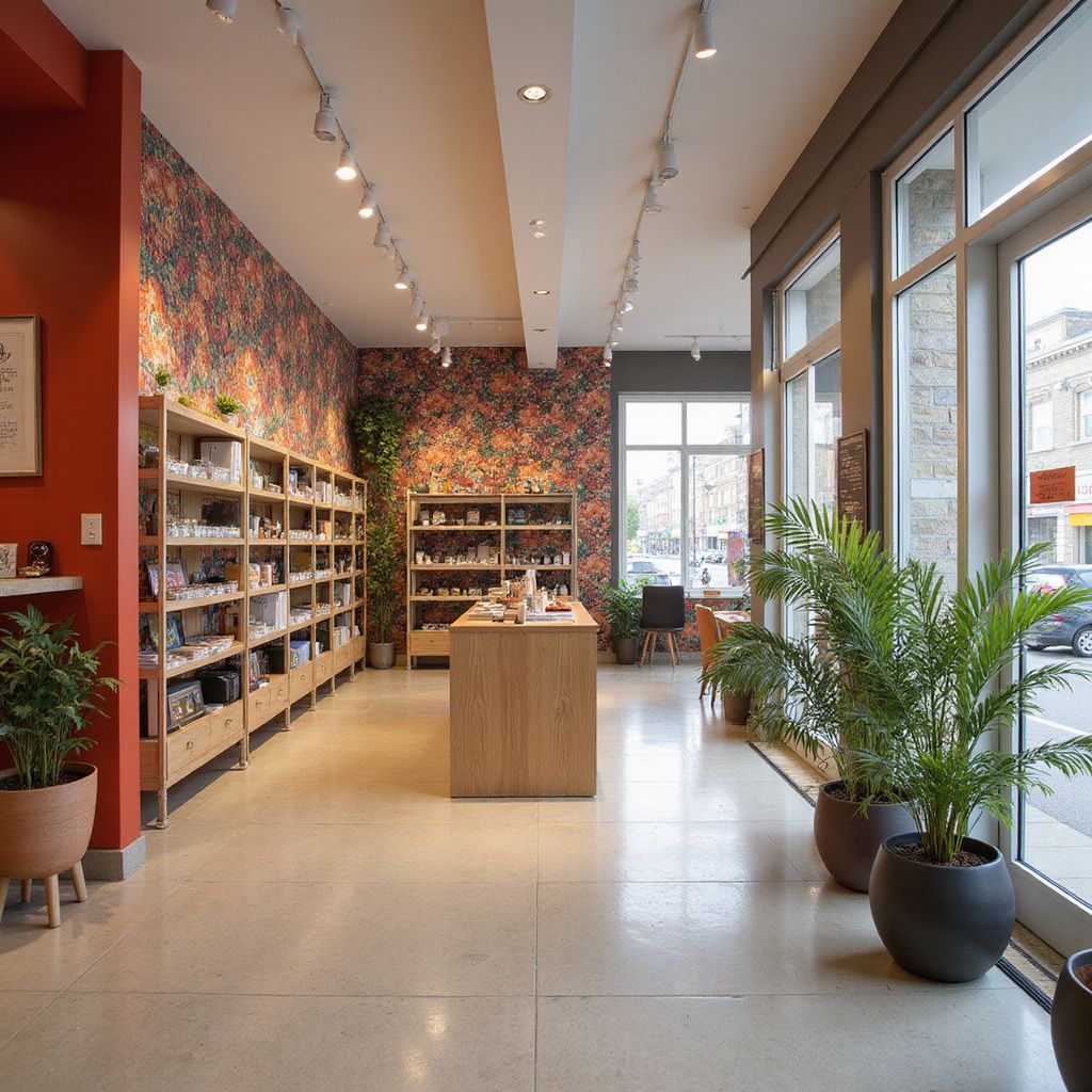 Interior of a shop with products on shelves, a central display, floral wallpaper, and large windows with plants.