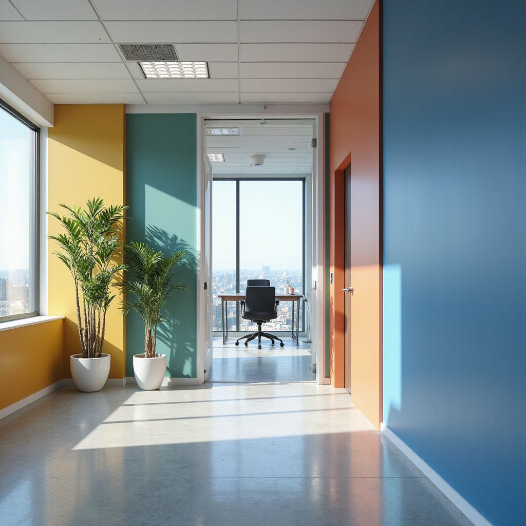 Bright office hallway with colorful walls, plants, and a doorway leading to another office.