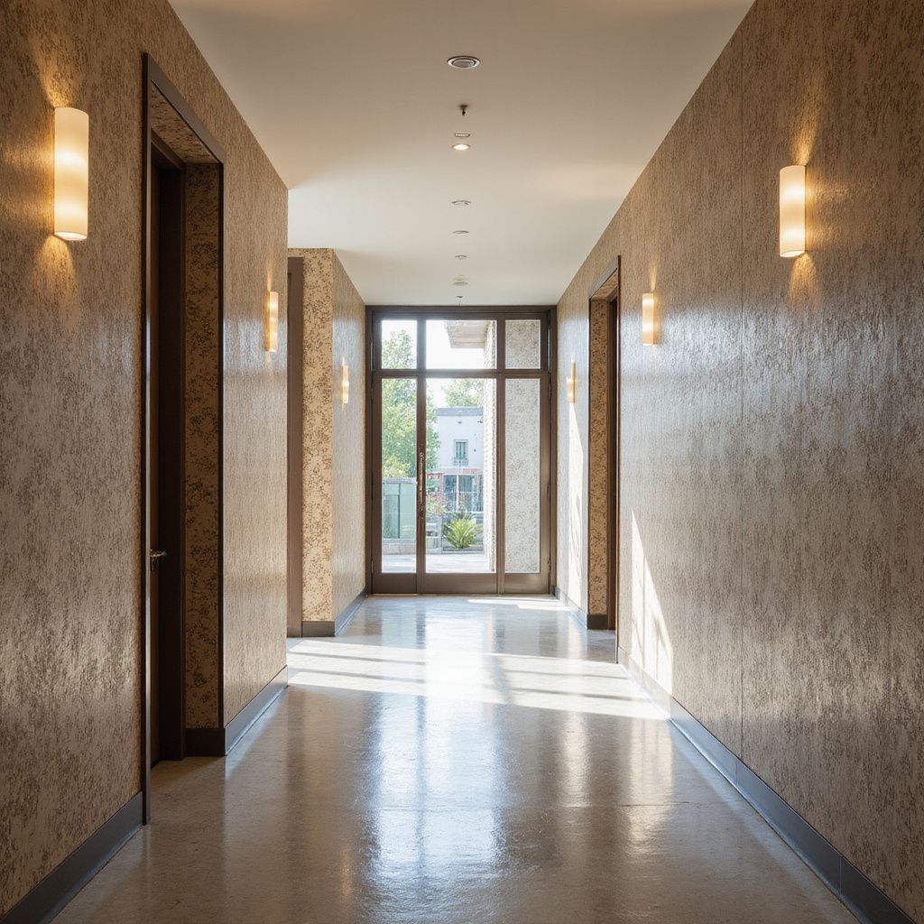 Hallway with textured beige walls, sconce lighting, and a glass door at the end letting in sunlight.