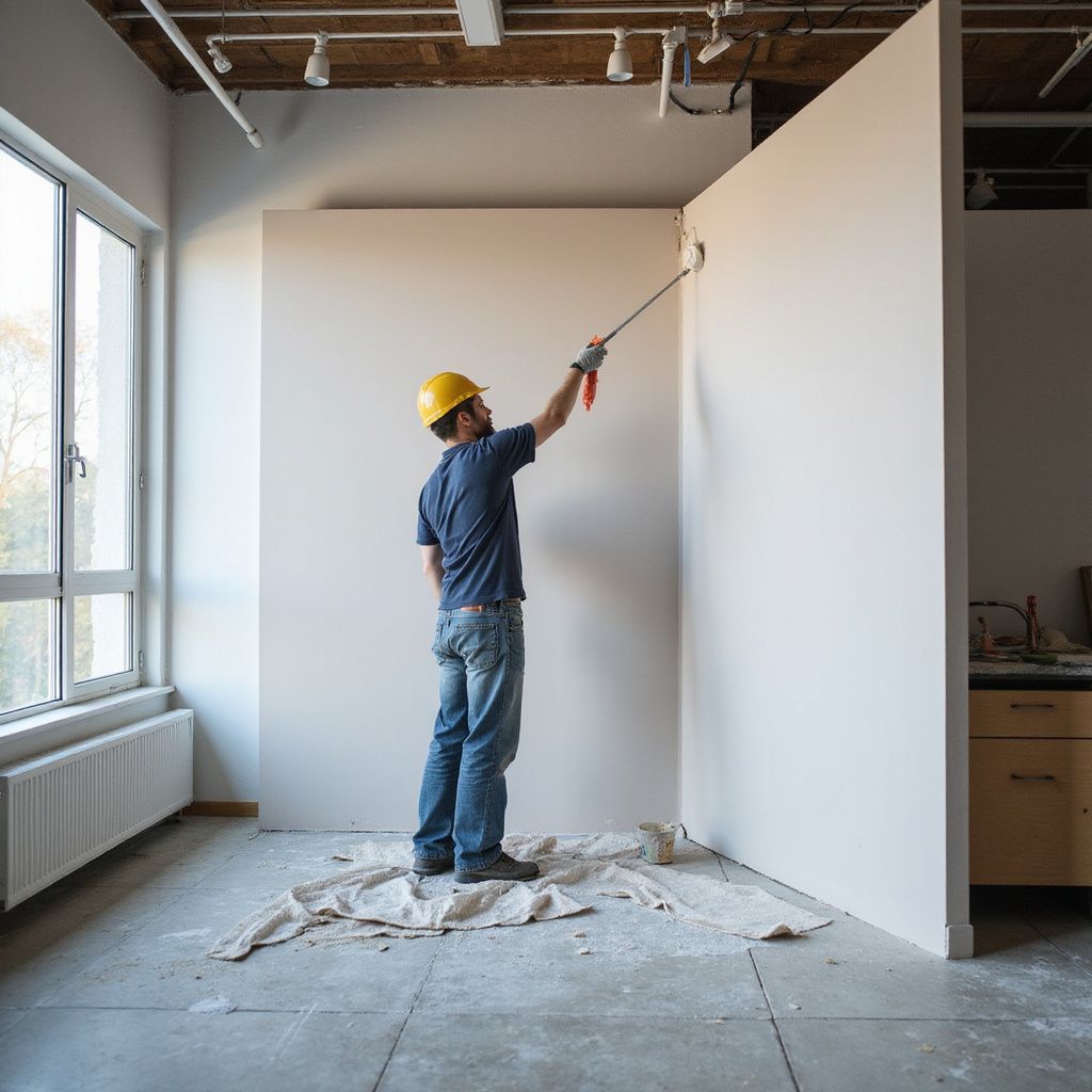 Man in hard hat paints interior wall with roller.
