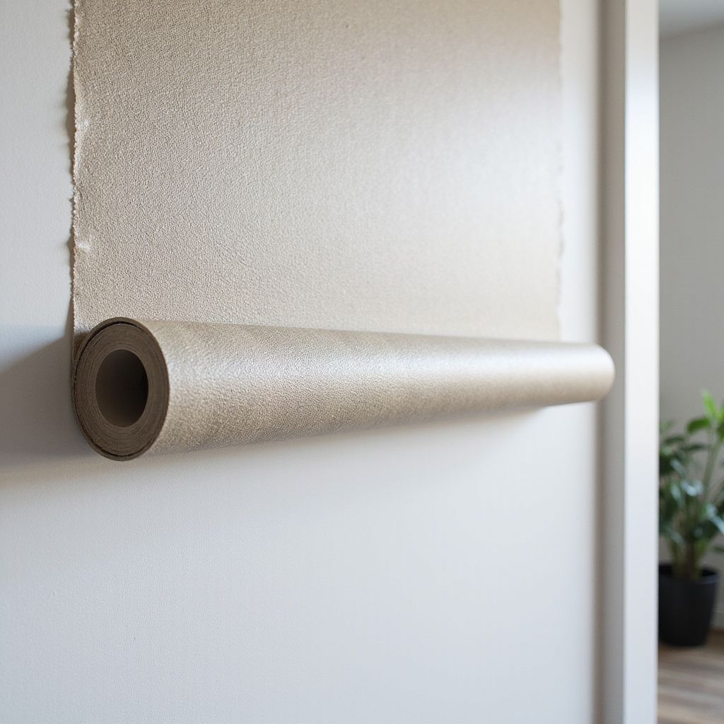Roll of textured beige wallpaper partially unrolled on a white wall.