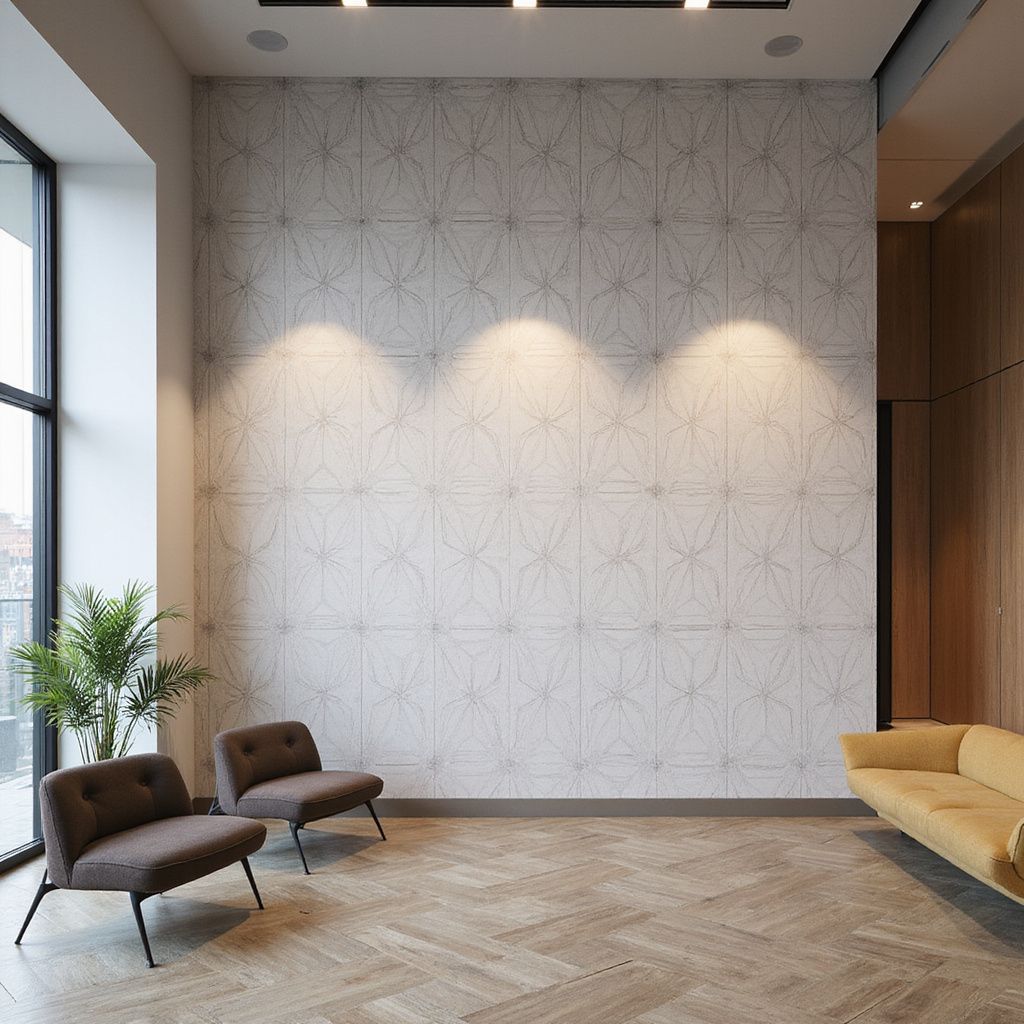 A modern waiting area with two brown chairs, a yellow sofa, and a patterned wall.
