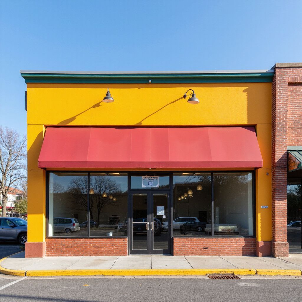 Yellow storefront with red awning, glass windows, brick accents, and a clear blue sky.