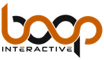 Logo of boop INTERACTIVE; orange and black infinity symbol with the company name below in white.