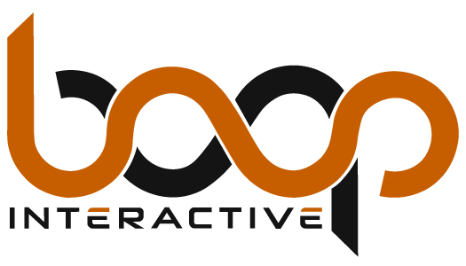 Logo of boop INTERACTIVE; orange and black infinity symbol with the company name below in white.
