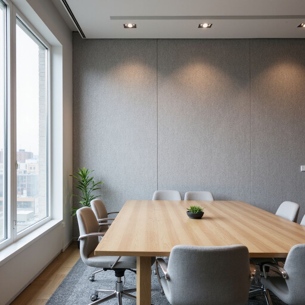 Modern conference room with large window, long wooden table, gray chairs, and small plant.