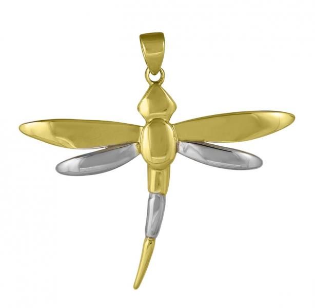 Gold and silver dragonfly pendant on a white background