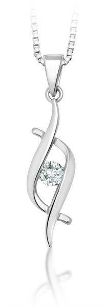 Silver pendant necklace with a teardrop swirl design and small clear gemstone accents