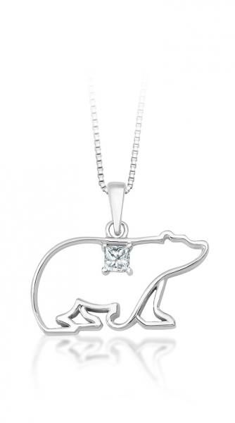Silver bear pendant necklace with a small gemstone on a chain
