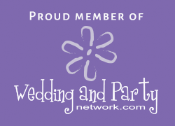Purple “Proud Member of Wedding and Party Network” logo with floral icon and website text