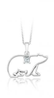 Silver bear-shaped pendant necklace on a chain, with a small square crystal detail.