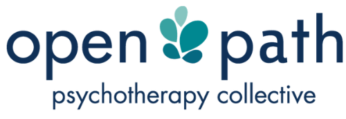 The logo for open path psychotherapy collective is blue and white.