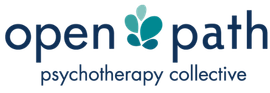 The logo for open path psychotherapy collective is blue and white.