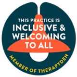 A sticker that says this practice is inclusive and welcoming to all