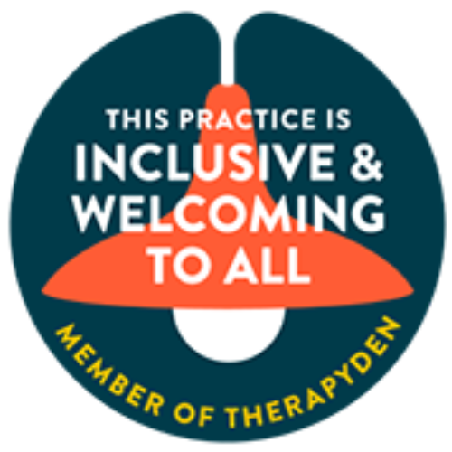 A sticker that says this practice is inclusive and welcoming to all