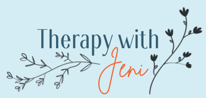 A logo for therapy with jeni with flowers and branches on a blue background.