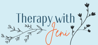 A logo for therapy with jeni with flowers and branches