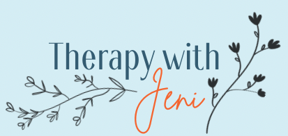 A logo for therapy with jenni with flowers and branches