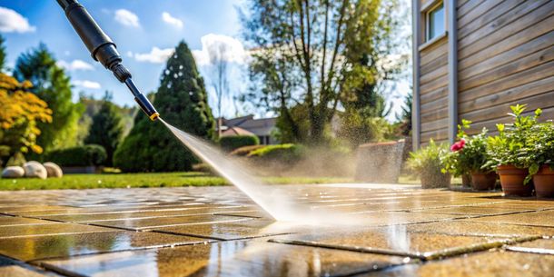 A person is using a high pressure washer to clean a patio.