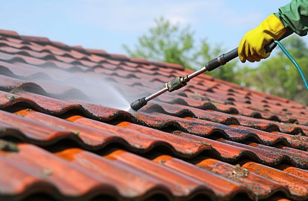 A person is cleaning a tiled roof with a high pressure washer.