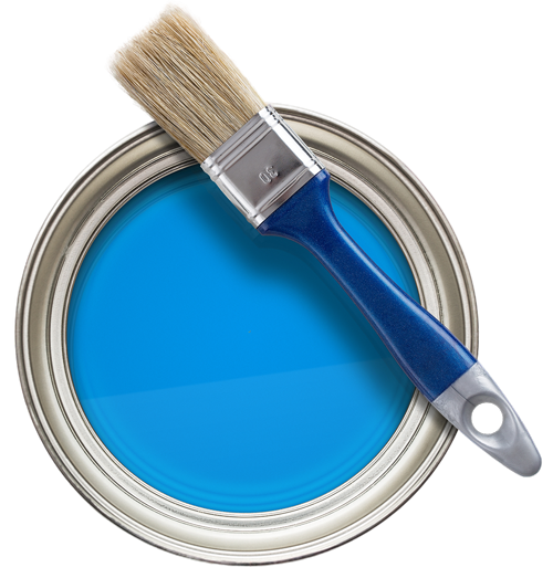 A blue paint can with a brush in it