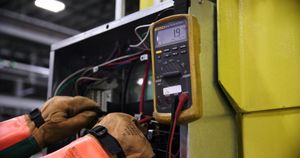 Gloved hands using a multimeter to test wiring on a yellow industrial panel