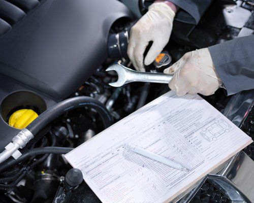 Mechanic's hands holding tool and inspecting car engine