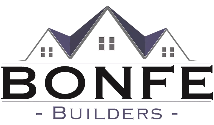 Logo of BONFE Builders featuring stylized rooftops above the name, with