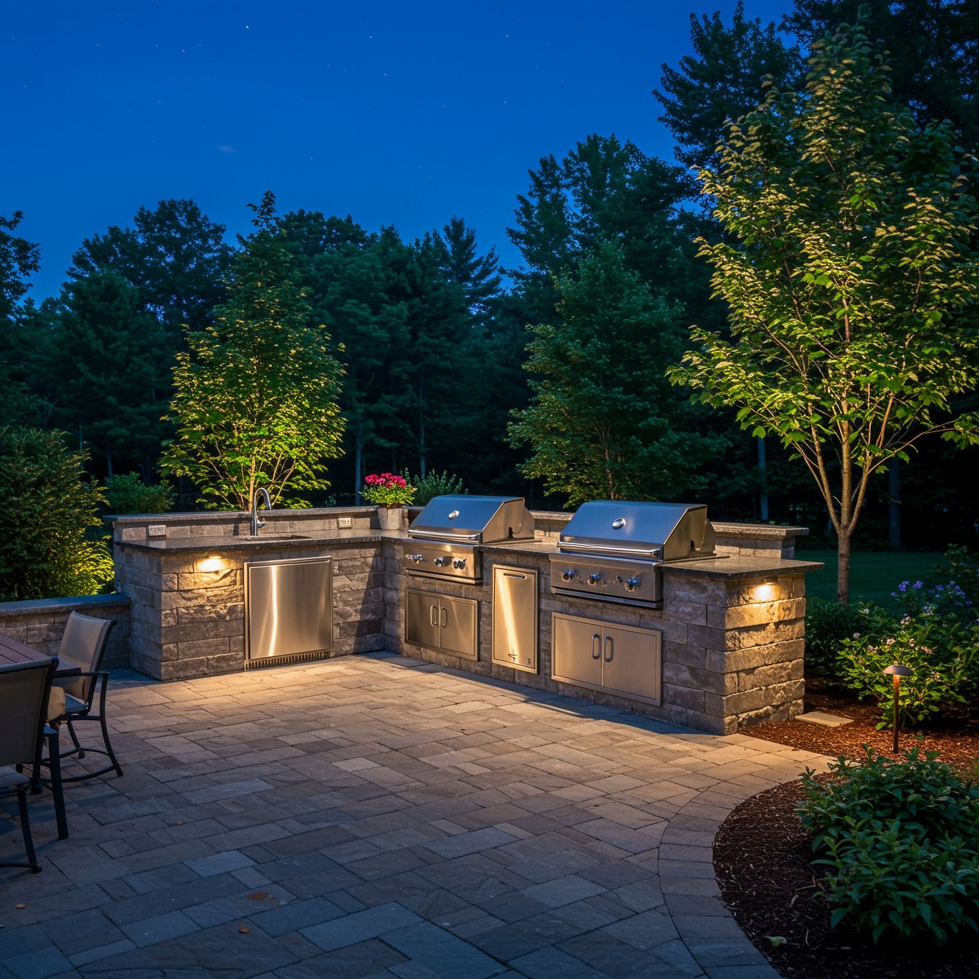 Outdoor kitchen illuminated at night with built-in grill, sink, and stainless steel appliances.