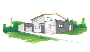 Un dessin d'une maison avec un garage et des arbres en arrière-plan.