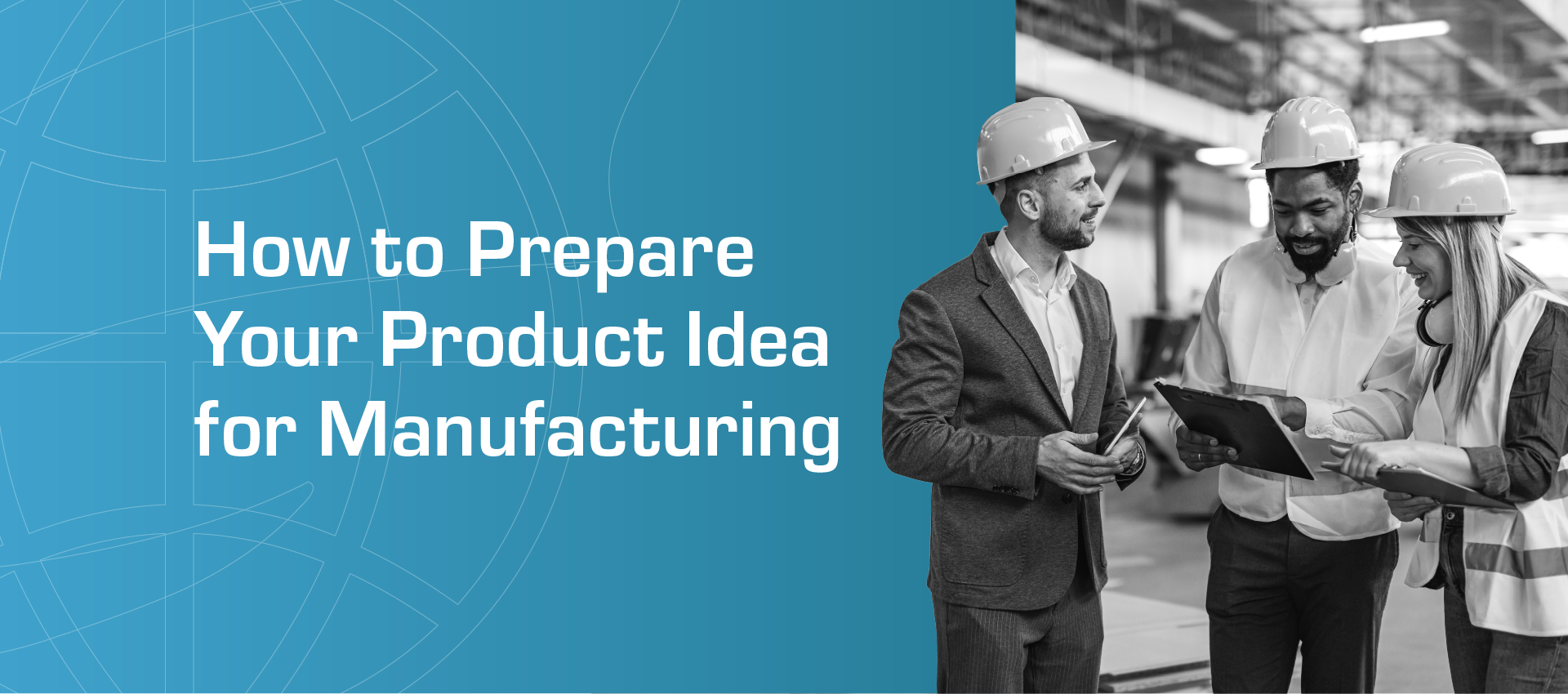 Three people in hard hats reviewing documents in a factory. Headline: 