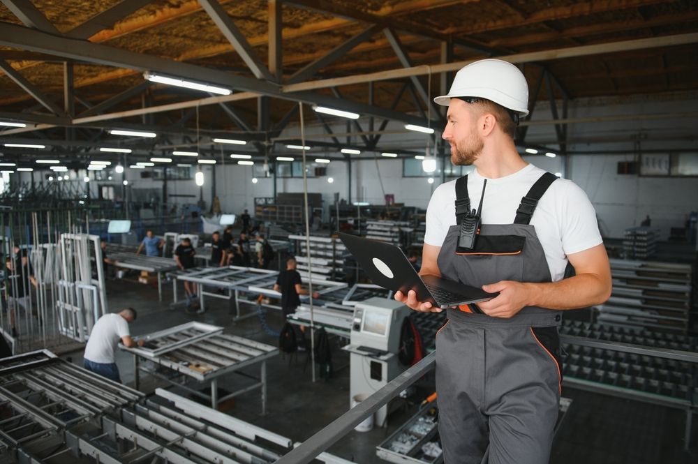 Man in hard hat and overalls holding a laptop, overlooking a factory floor.