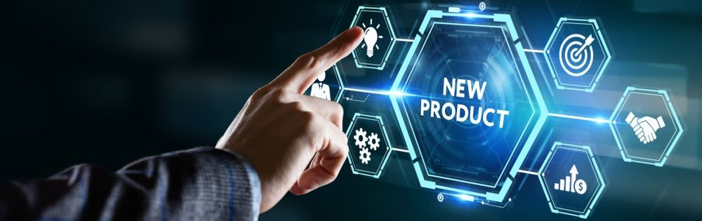 Hand touching a “New Product” button on a digital interface with icons of ideas, goals, collaboration, and growth.
