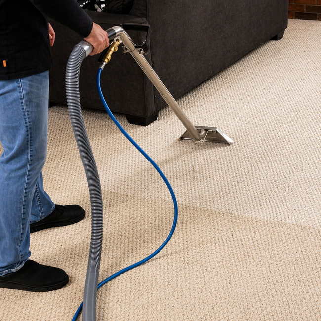 Worker using a carpet-cleaning wand with hoses on a beige carpet in a home or office room