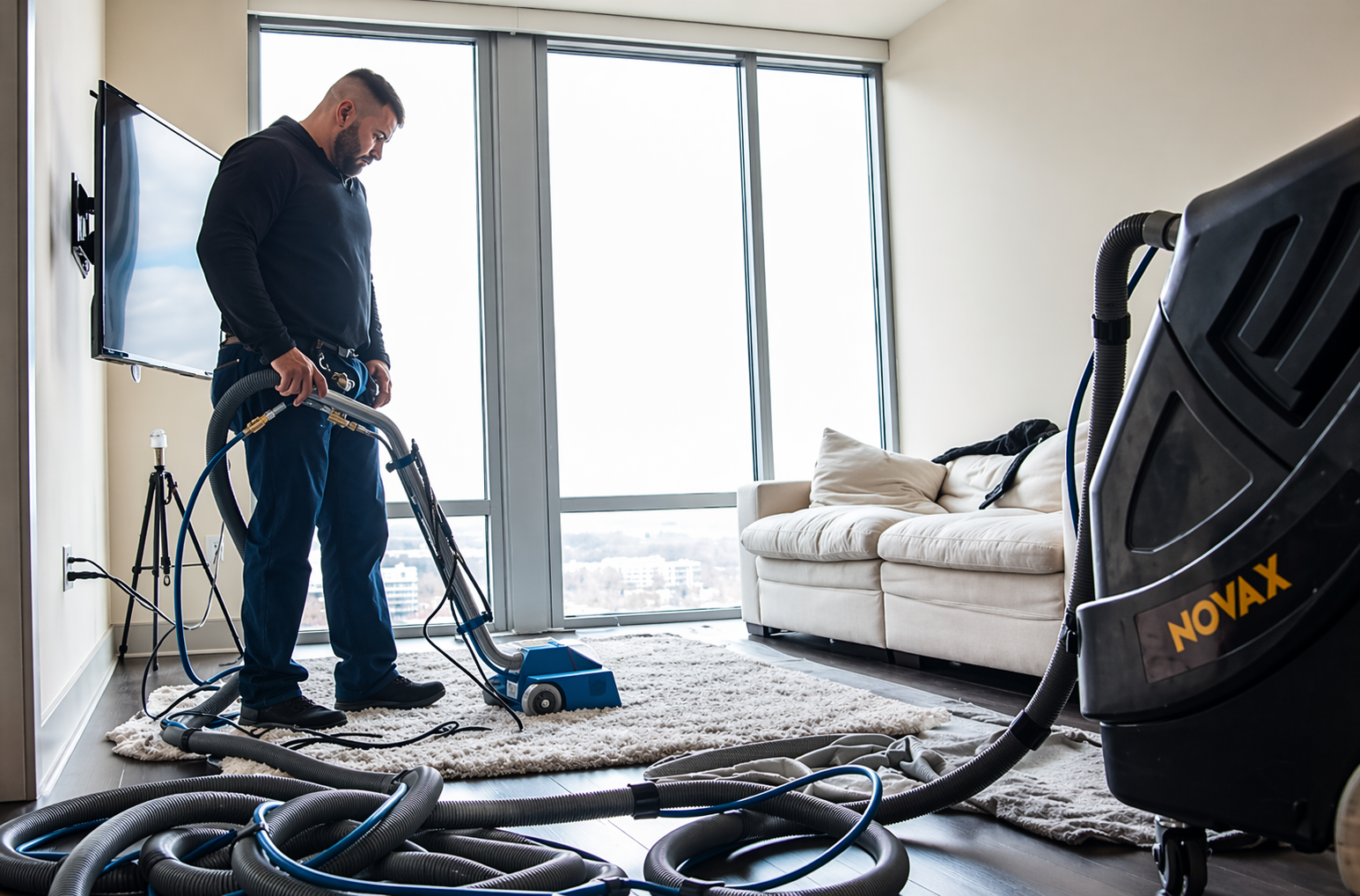 Technician cleaning a carpet with a steam extractor in a bright living room