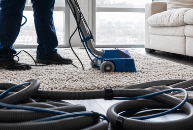Person vacuuming a carpeted living room with a blue cleaner and hose system