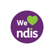 A purple circle with the words we nds and a green heart