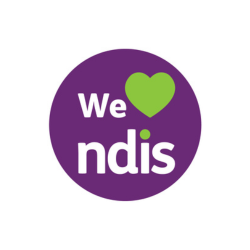 A purple circle with the words we nds and a green heart