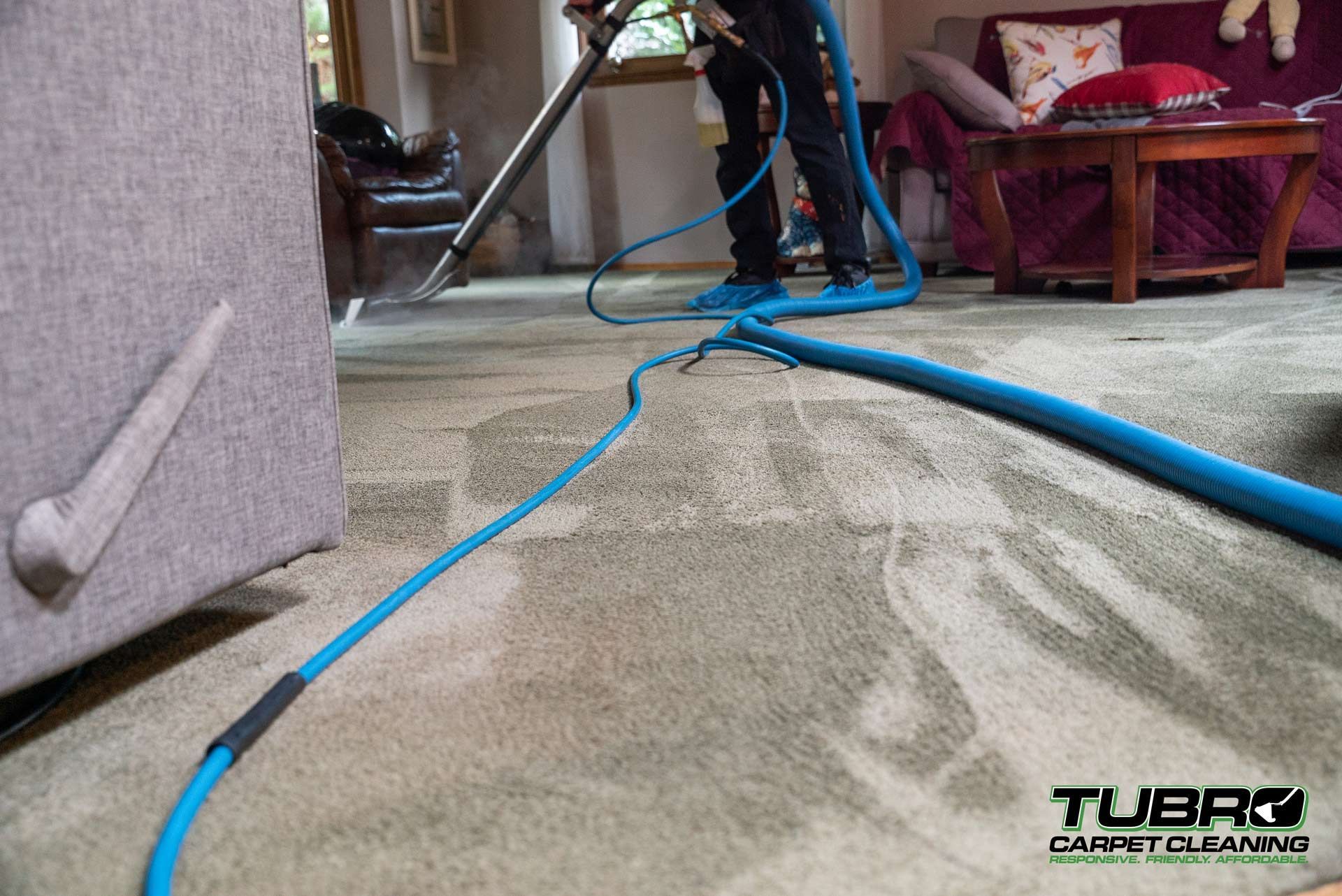 A person is cleaning a carpet with a vacuum cleaner in a living room.